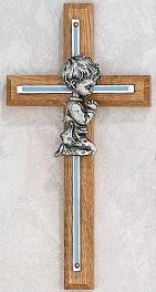 Oak & Silk Overlay Praying Boy Baptism Cross