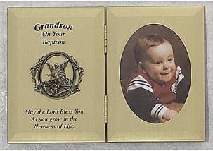 Folding metal baptism plaque for grandson with photo frame