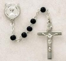 Boys black wood bead sterling silver First Holy Communion Rosary