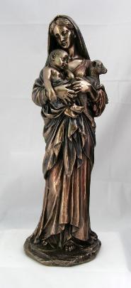 Bronzed Madonna and Child with Lamb - Virgin Mary Statue
