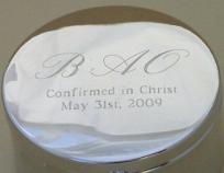Round Engravable Metal Rosary Case with mixed fonts