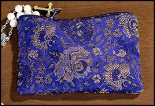 Blue Rose Brocade Rosary Case with metal zipper