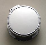 Round Metal Rosary Case without engraving as First Communion Rosary Gift.