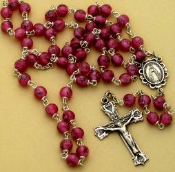 Rose Venetian Glass Bead Rosary with Sterling Silver Crucifix and center