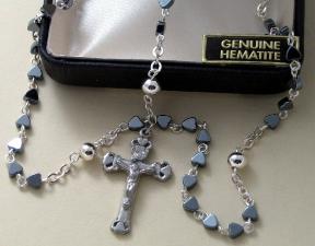 Closeup of Hematite heart bead First Communion Rosary