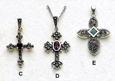 Image of three Sterling Silver and Marcasite Crosses with colored gem stones